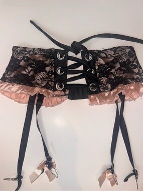 Black Lace and Blush Satin Garter Belt